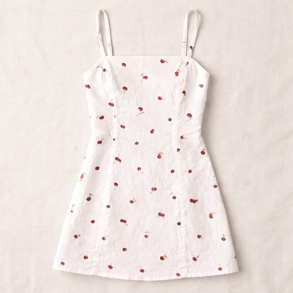 Abercrombie & Fitch Cherry Print Mini Dress | White Cotton Sundress | Size SP - Picture 2 of 7